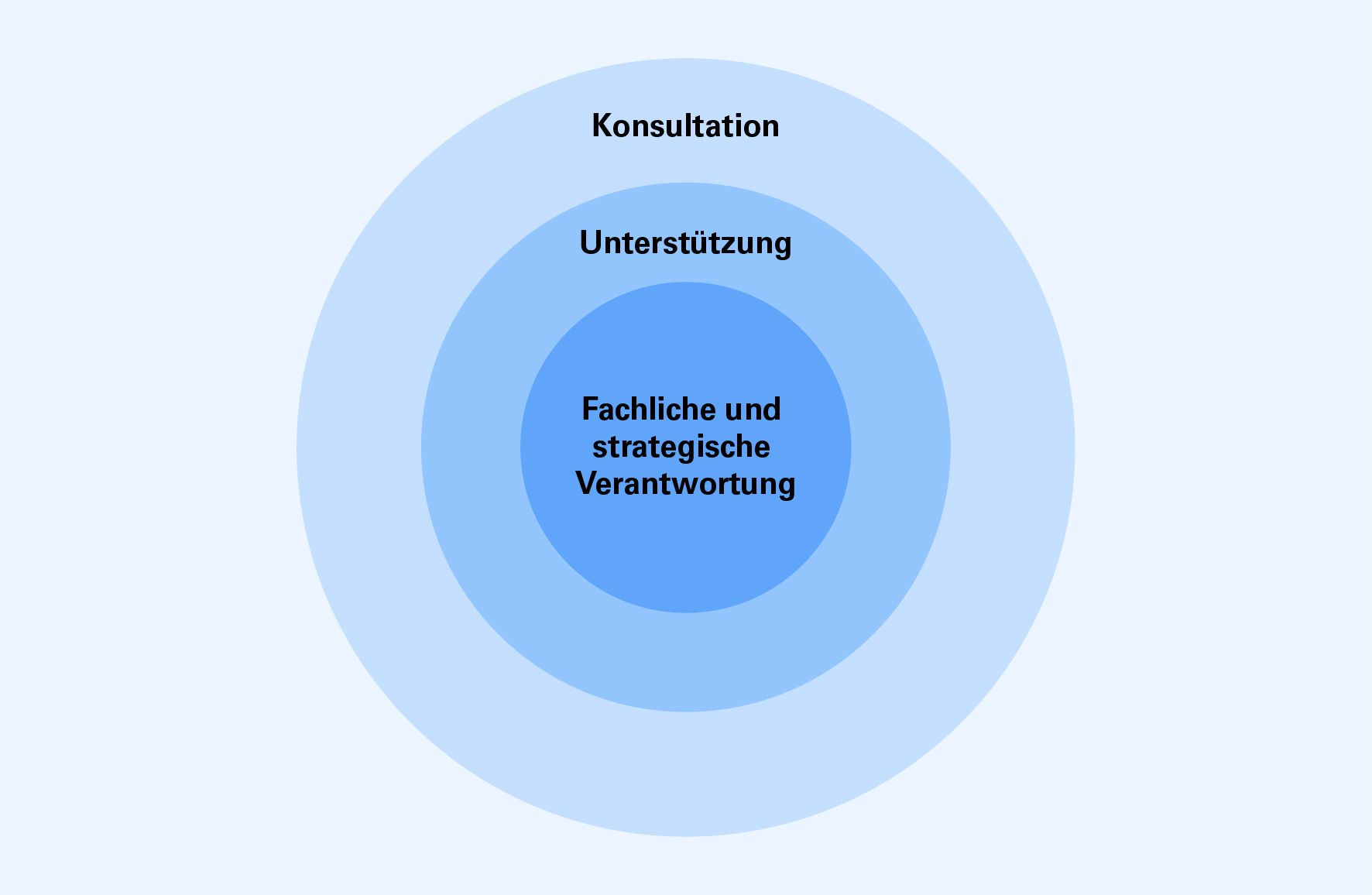 Drei ineinander verschachtelte Kreise werden dargestellt. Der innerste Kreis steht für die fachliche und strategische Verantwortung, der mittlere Kreis für die Unterstützung und der äussere Kreis für die Konsultation.